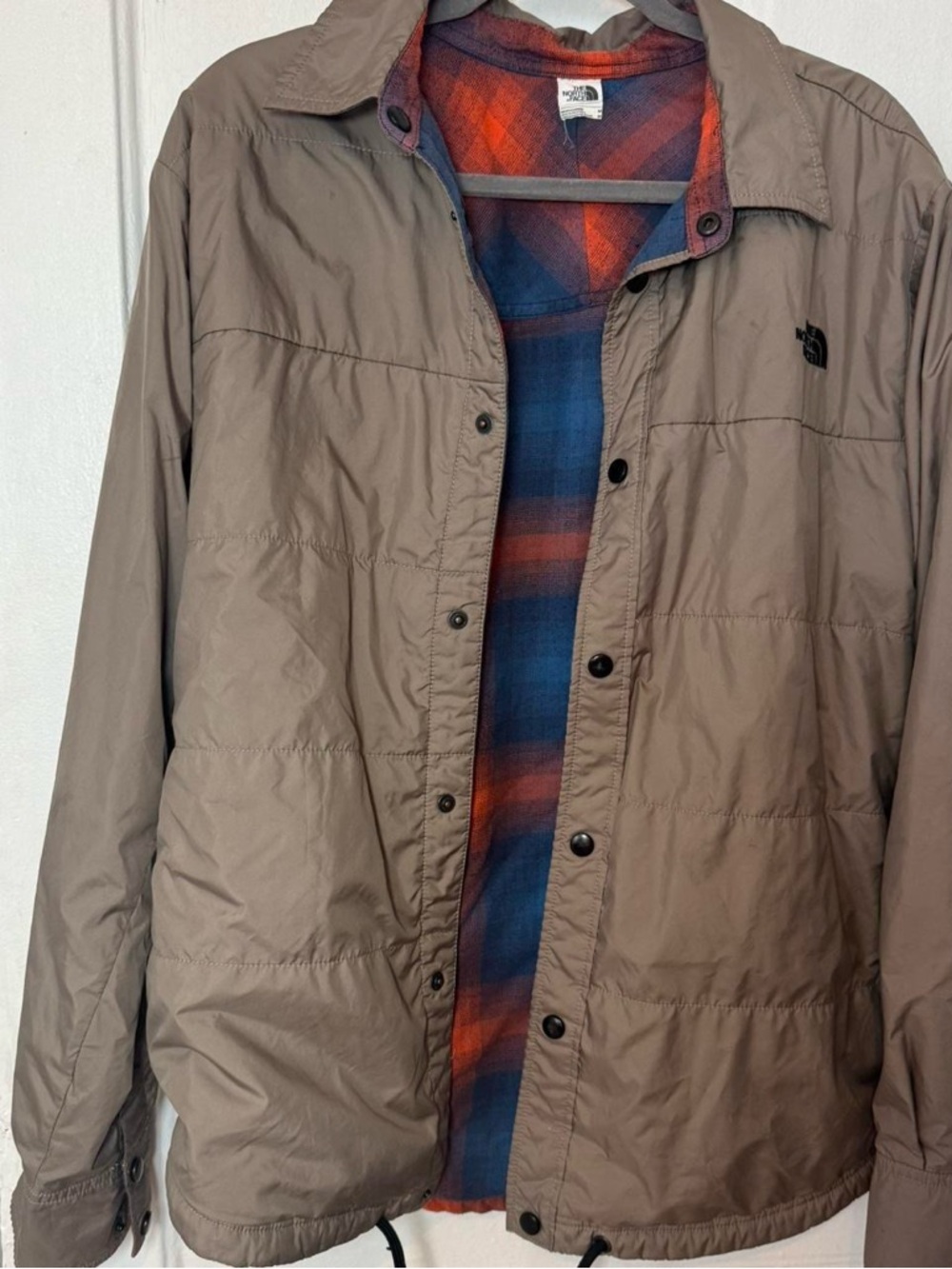 The North Face Taupe Lightweight Jacket with Blue & Orange Plaid Lining